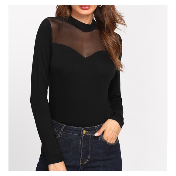 Black Long Sleeve Mesh Neckline Solid Tee - Picture 2 of 6